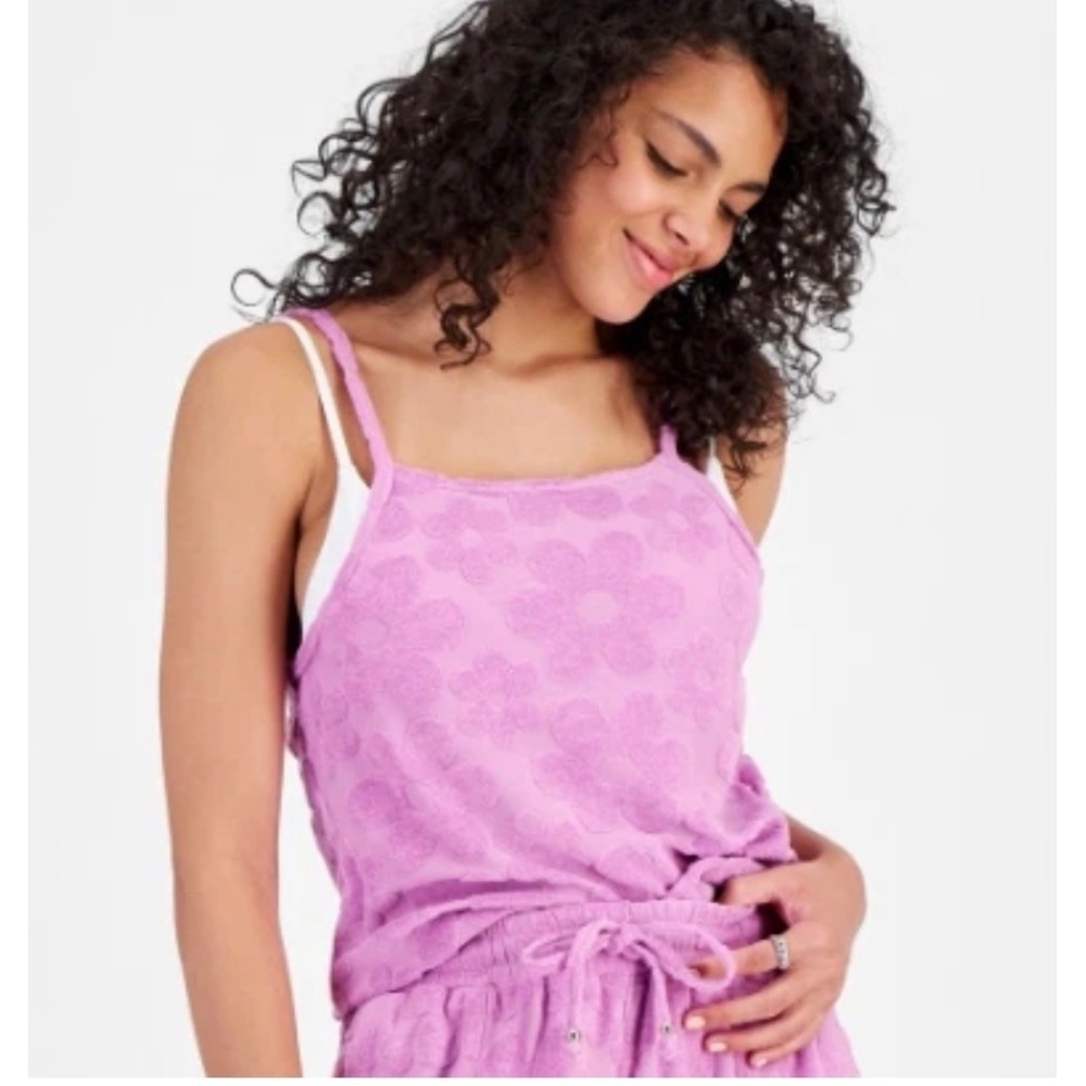 NWT Miken Swim Tank Top Women Violet Floral Terry Cloth Spaghetti Strap S $28